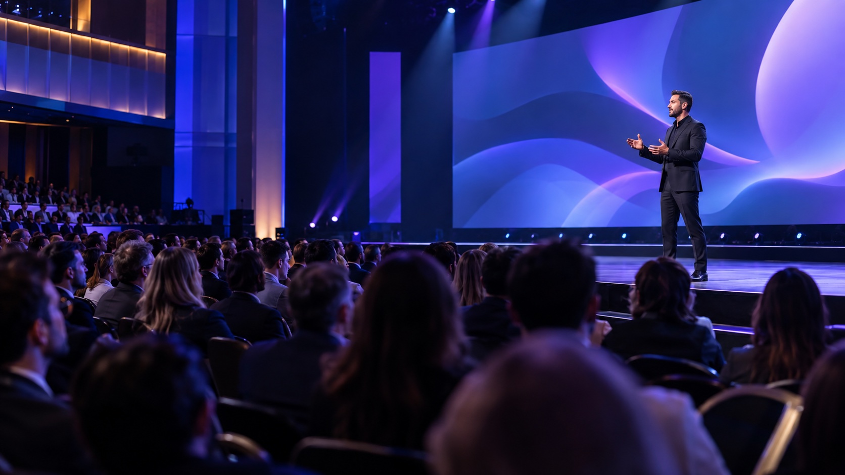Keynote speaker presenting to a full conference audience